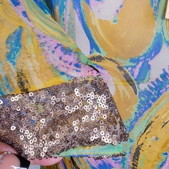 NEW YELLOW URBAN MANGOZ SIZE S, SEQUINS MULTICOLOR BLOUSE FALL SHEER AQUA - Picture 11 of 17